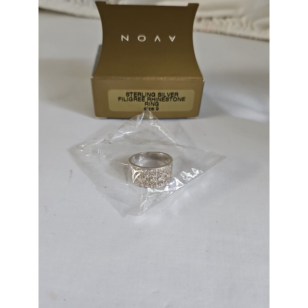 New 1998 Avon Sterling Silver Filigree Rhinestone Ring Size 9